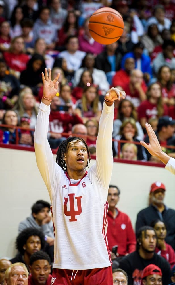 Indiana's Malik Reneau shoots in the short scrimmage during Hoosier Hysteria for the basketball programs at Simon Skjodt Assembly Hall on Friday, Oct. 7, 2022.
